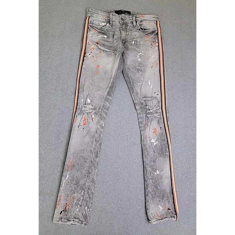 Jordan Craig Legacy Jeans Mens 30x32 (31x31) Gray Orange Spatter Stretch Stripe